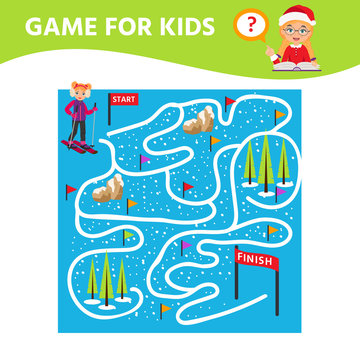 Game for children,   Educational worksheet for preschool kids. Maze Puzzle. Girl on Ski find the Way to the  finish. Vector illustration