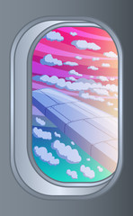Scenic view of sunset, clouds and on the wing from aircraft window. Flying and traveling concept. Vector illustration