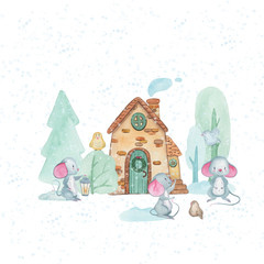 Cute watercolor hand drawn christmas set for making cards, wrapping paper and scrapbooking. Christmas greeting card. New Year's mice, gifts in their own design.