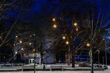 Christmas decorations in the central park of Kouvola with evening light illumination.