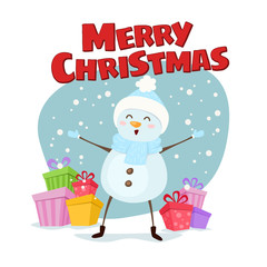 Merry Christmas and a Happy New Year cute illustration. Happy Snowman with gifts wishes Merry Christmas. Vector
