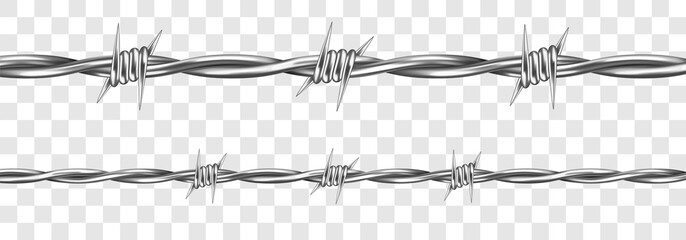 Metal steel barbed wire with thorns or spikes realistic vector illustration isolated on transparent background. Fencing or barrier element for danger industrial facilities or prisons - obrazy, fototapety, plakaty