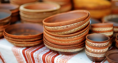 Ceramic dishes, tableware and jugs sold on Easter market in Vilnius, Lithuania