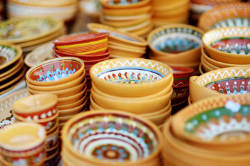 Ceramic dishes, tableware and jugs sold on Easter market in Vilnius, Lithuania