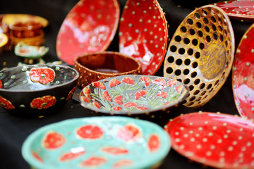 Ceramic dishes, tableware and jugs sold on Easter market in Vilnius, Lithuania