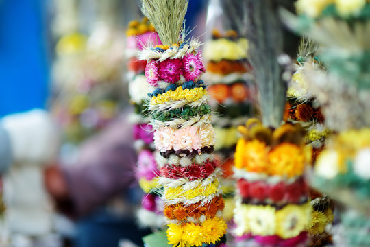 Traditional Lithuanian Easter palms known as verbos sold on Easter market in Vilnius, Lithuania
