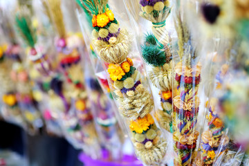 Traditional Lithuanian Easter palms known as verbos sold on Easter market in Vilnius, Lithuania
