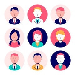 Set of bright avatars on round background. Vector. Eps 10.