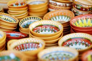 Ceramic dishes, tableware and jugs sold on Easter market in Vilnius, Lithuania