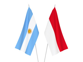 National fabric flags of Argentina and Indonesia isolated on white background. 3d rendering illustration.