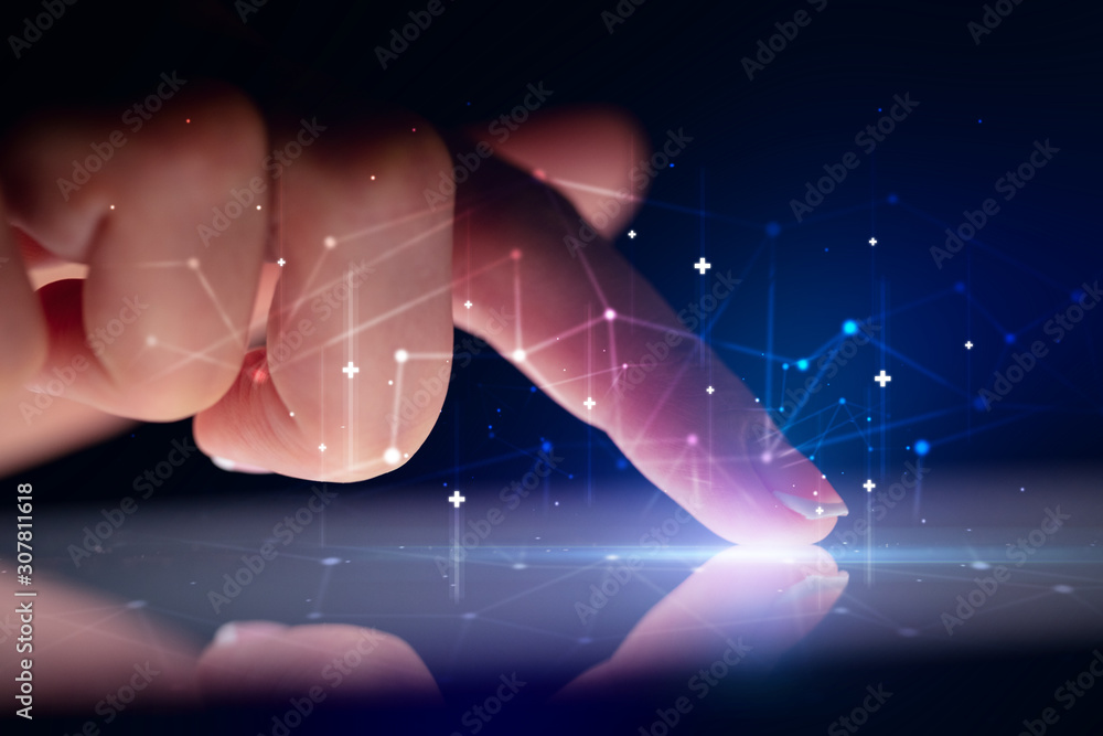 Poster finger touching tablet with global network concept and dark background