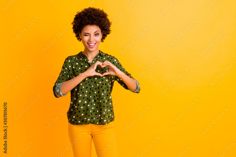 Poster 14-february its cool. cheerful funky afro american girl date make heart with hands show her romantic