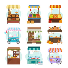 Naklejka premium Local markets with different food flat illustrations set