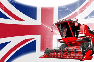 Digital industrial 3D illustration of red advanced rural combine harvester on United Kingdom (UK) flag - agriculture equipment innovation concept