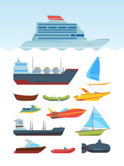 Modern sea ships and boats flat illustrations set