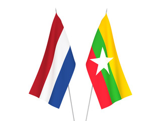 National fabric flags of Netherlands and Myanmar isolated on white background. 3d rendering illustration.