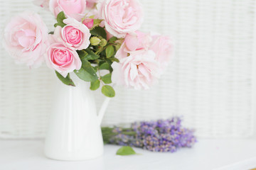 Bouquet of organic lavender and roses for skin care.