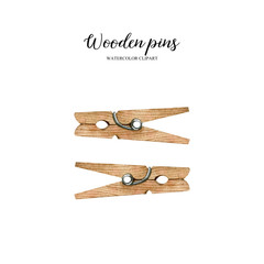Two wooden pins isolated on white background. Watercolor  handmade illustration. Kitchen and bathroom zero waste accessories, eco-friendly lifestyle, waste-free aesthetics.