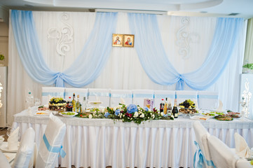 Beautiful wedding set decoration in the restaurant.