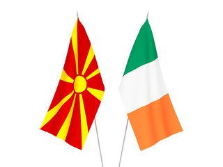 National fabric flags of Ireland and North Macedonia isolated on white background. 3d rendering illustration.