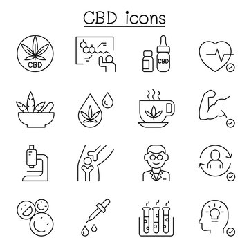 CBD, Cannabis, Marijuana Icon Set In Thin Line Style