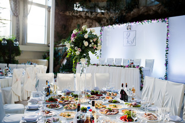 Beautiful wedding set decoration in the restaurant.