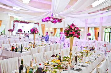 Beautiful wedding set decoration in the restaurant.