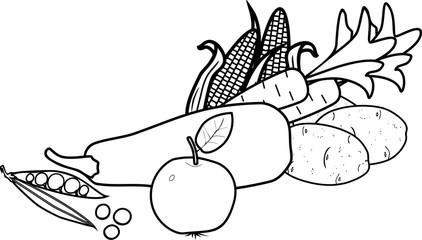 Coloring page. Composition of different vegetables isolated on white background