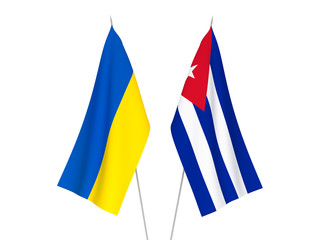 National fabric flags of Ukraine and Cuba isolated on white background. 3d rendering illustration.