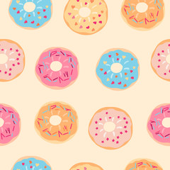 Vector seamless pattern with testy colorful donuts on light yellow background. Print for fabric, wrapping papers, wallpapers, covers, scrapbooking. Food illustration, great for bakery package design.