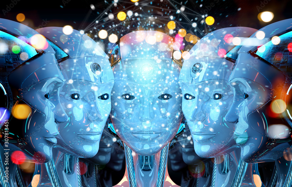 Poster group of female robots heads creating digital sphere network 3d rendering