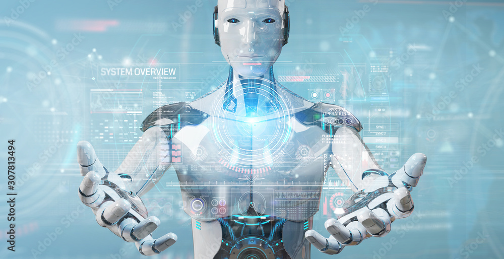 Poster white humanoid robot using digital technological interface with datas 3d rendering
