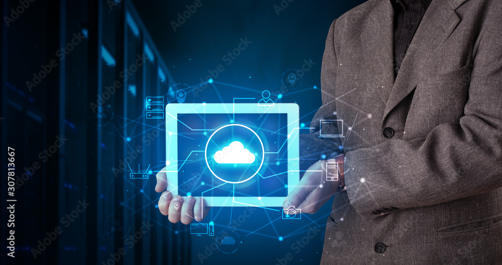 Poster formal hand in server room with virtual workspace concept
