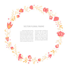 Hand drawn vector floral frame template. Floral doodle illustration with space for text. Decor for invitations, greeting cards, posters, design elements.