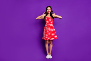 Full length body size view of her she nice attractive pretty glad cheerful cheery wavy-haired girl showing two double thumbup isolated on bright vivid shine vibrant lilac purple violet background
