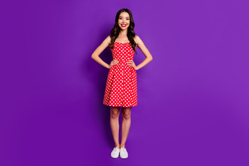 Full length body size view portrait of her she nice-looking attractive charming lovely pretty cheerful cheery wavy-haired girl isolated on bright vivid shine vibrant lilac purple violet background