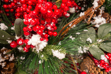 New Year and Christmas still life. Frozen red berries in the winter in the snow.