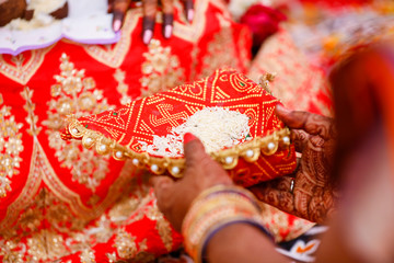 Fototapeta premium Beautiful Indian bride hand with mehandi design and jewelry 