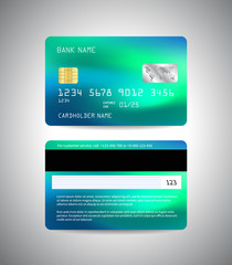 Vector Credit card. Front and back side of credit card template. Money, payment. Neon blue