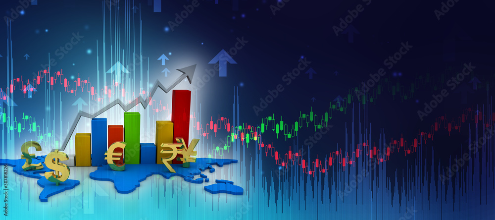Poster 3d rendering global currencies with business graph