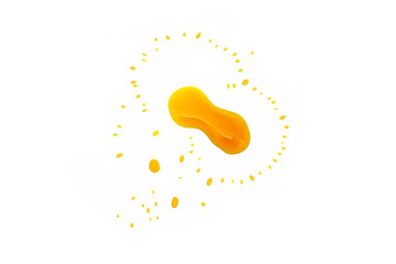 Puddle of orange juice, oil on white background, Sweet smudges splashes drops, drops of orange water, clipping path, top view                       