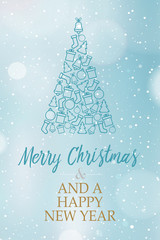 Blue and icy blue background with christmas tree and message merry christmas and a happy new year