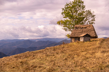 small wooden house with thatched roof in the mountains.