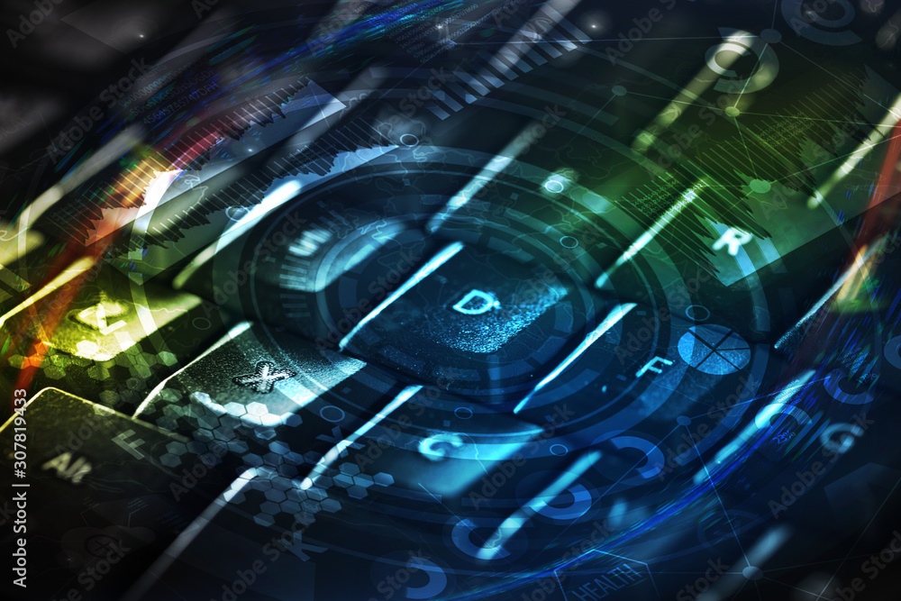 Poster close-up dark keyboard with cyber security concept