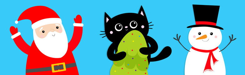 Merry Christmas set. Black cat holding fir tree. Santa Claus. Snowman. Funny Kawaii animal. Kids print. Cute cartoon baby character. Pet collection. Flat design Blue green background