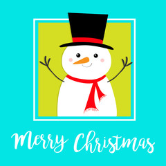 Merry Christmas. Snowman holding hands up. Carrot nose, black hat. Happy New Year. Cute cartoon funny kawaii character. Greeting card. Isolated. Blue green winter background. Flat design.