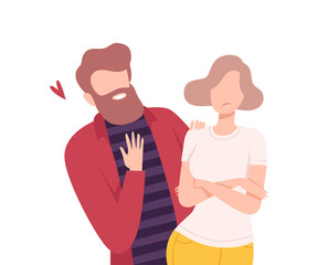 Annoying and Intrusive Admirer Trying to Present his Heart to Woman Refusing to Take It, Male and Female Characters Experiencing Unrequited Feelings, One Sided Love Flat Vector Illustration