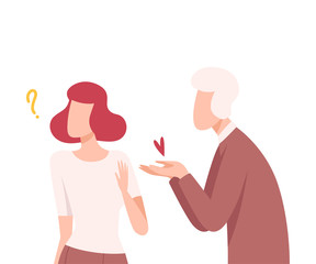 Man Offering his Heart to Woman Refusing to Take It, Male and Female Characters Experiencing Unrequited Feelings, One Sided or Rejected Love Flat Vector Illustration