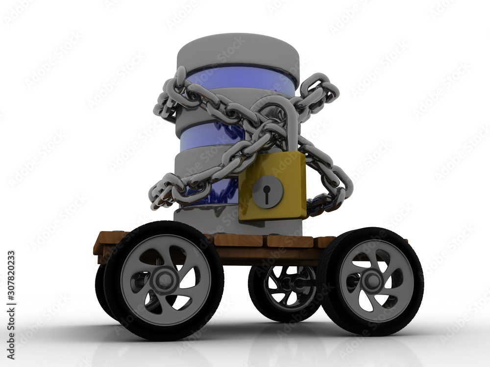 Poster 3d illustration database storage security concept. disk with lock