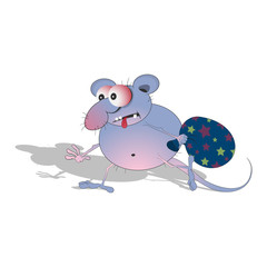 a little fat mouse carries a bag of gifts. Vector illustration on a white background. Cartoon caricature on the theme of the new year.